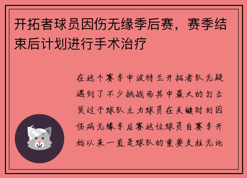 开拓者球员因伤无缘季后赛，赛季结束后计划进行手术治疗